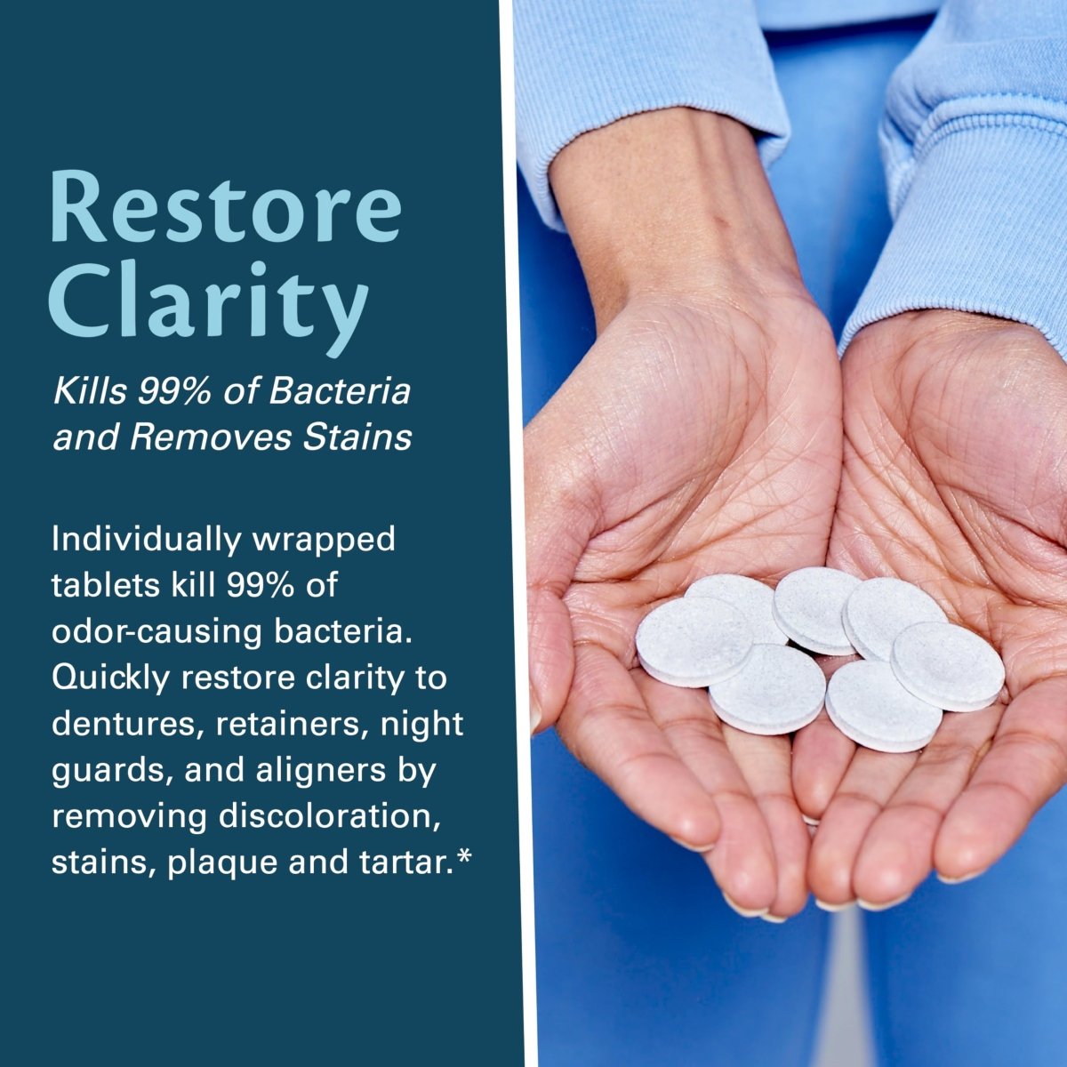 Hands holding retainer cleaning tablets with promotional text about removing tough stains and odor-causing gunk. 