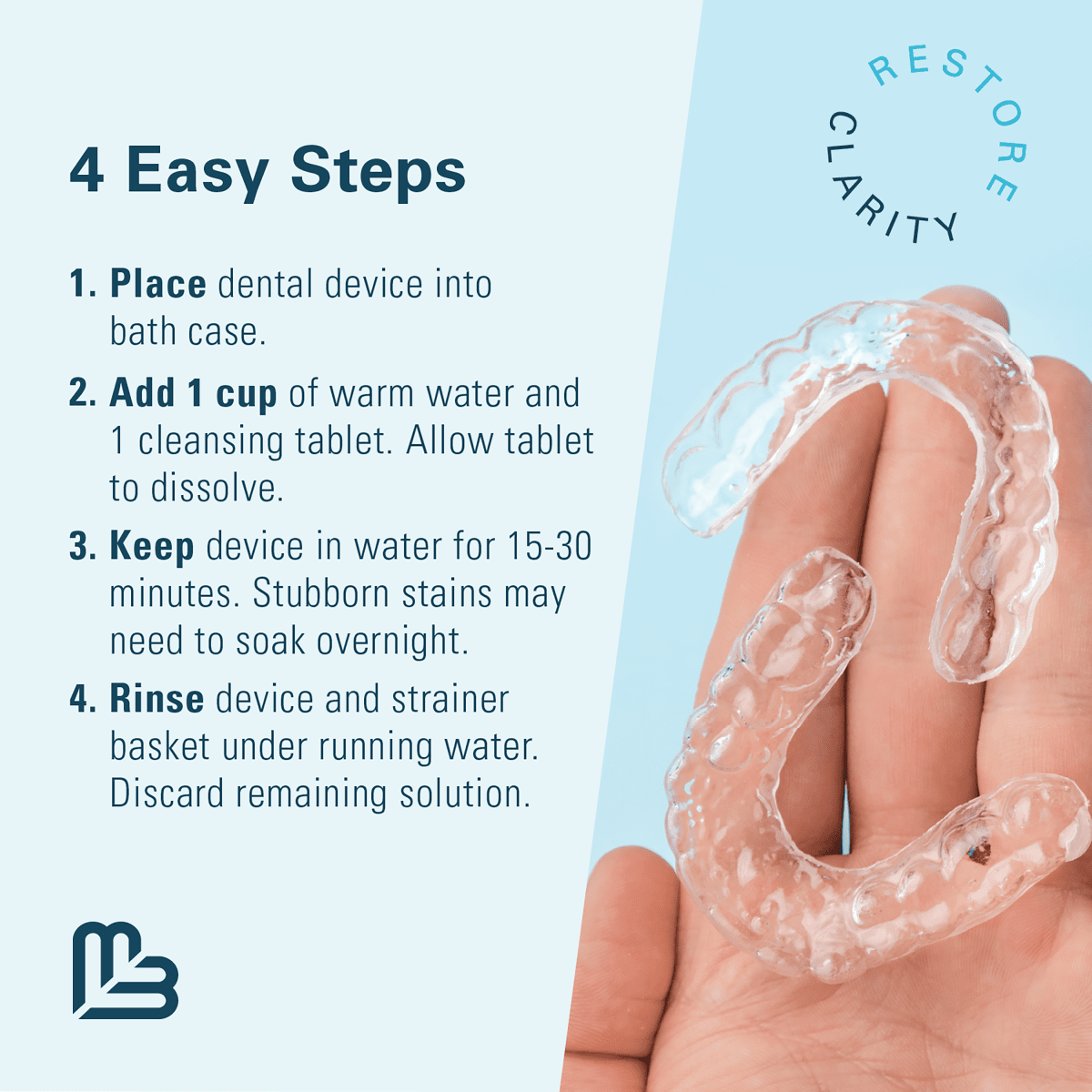 Instructions for cleaning a dental device on the bath case using warm water and a cleansing tablet with a close-up of a hand holding the device.