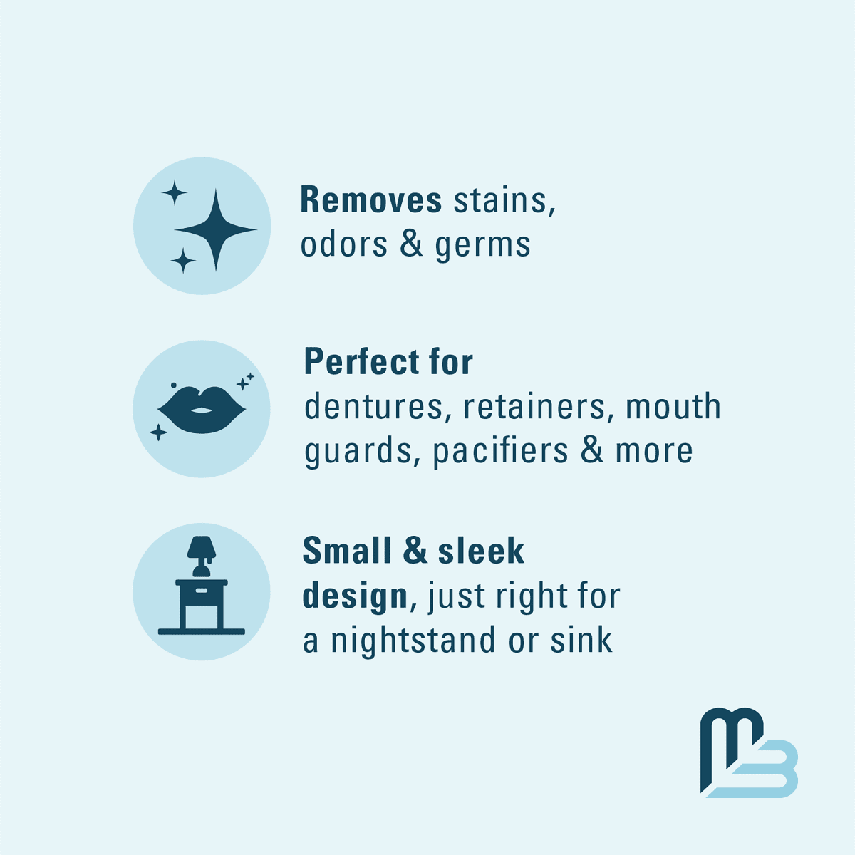 Product features with icons showing stain and germ removal benefits, small and sleek design, and use for dentures, mouth guards, retainers, and pacifiers.