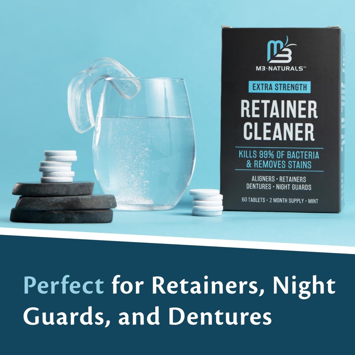 M3 Retainer Cleaner packaging with a glass of water and cleaner tablets on a blue background.