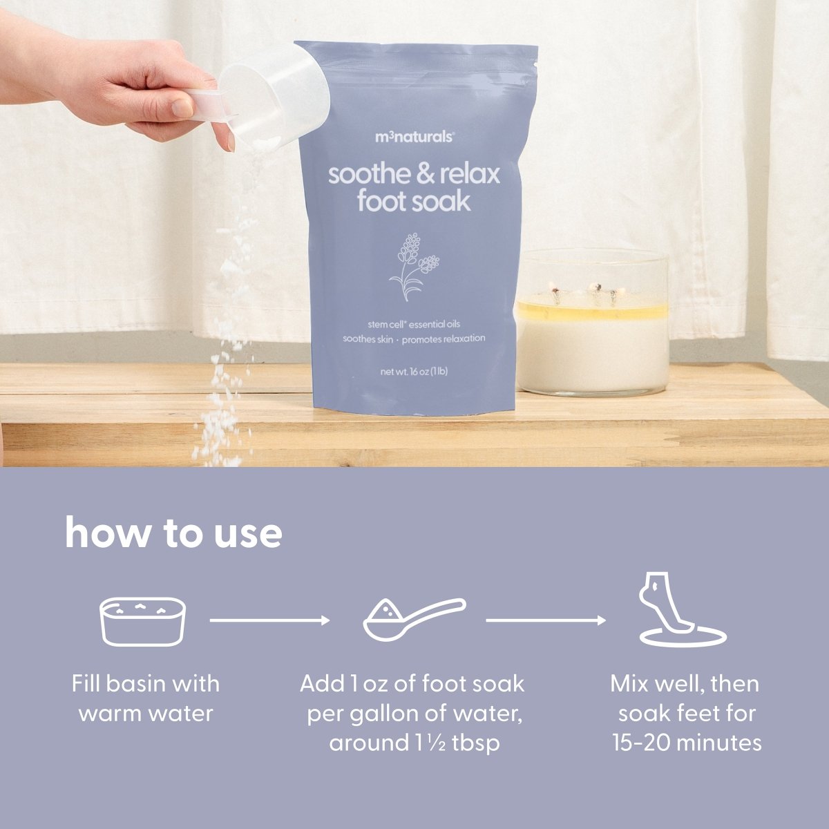 Foot soak granules being poured from a scoop with text detailing how to use the product.