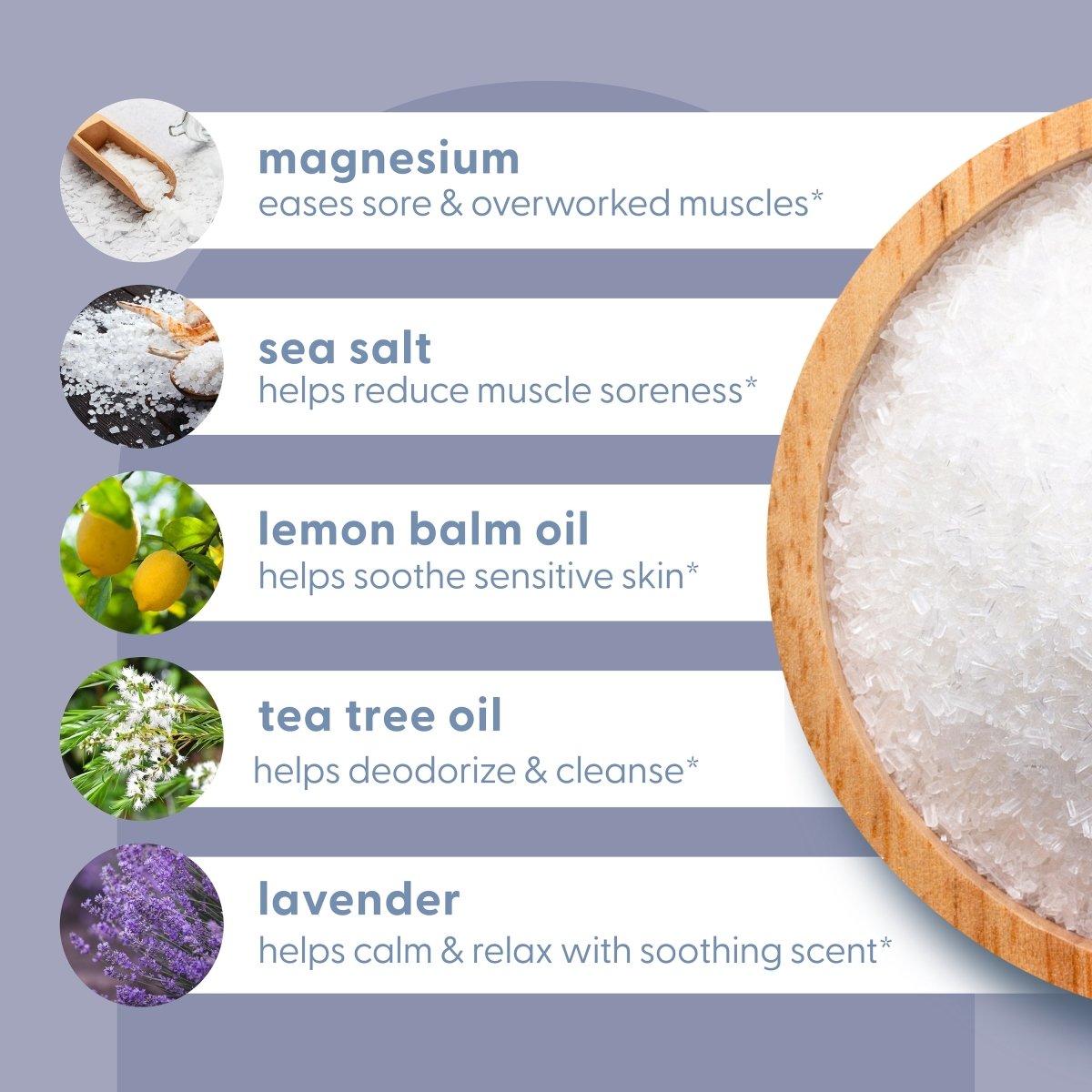 Wooden bowl of Soothe & Relax Foot Soak with ingredients and text highlighting benefits