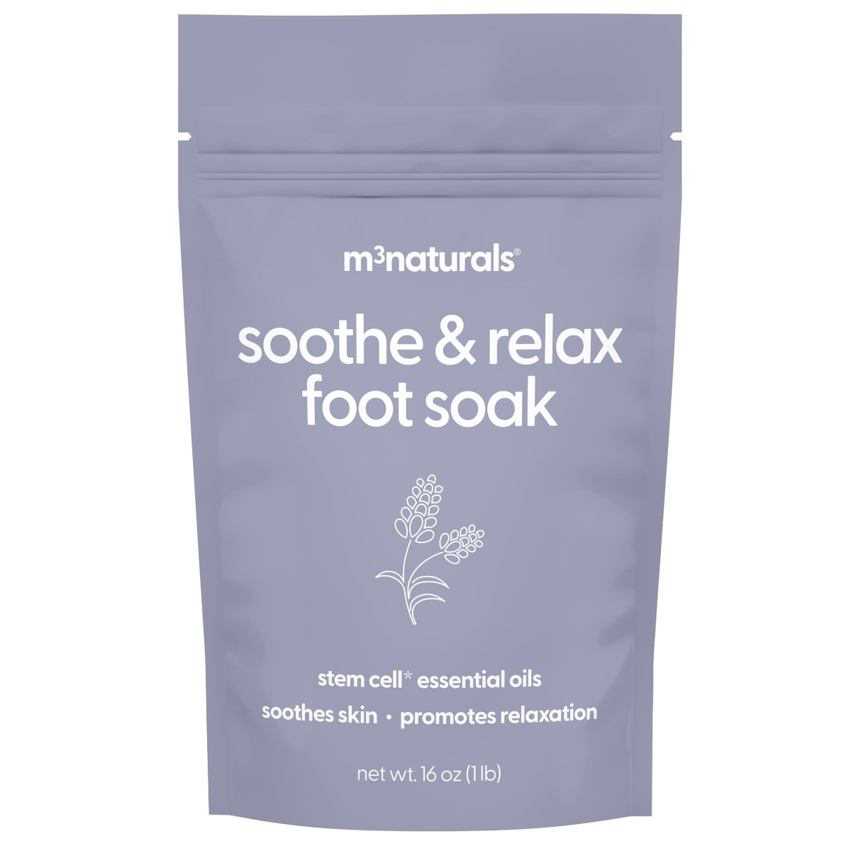 Purple package of m3 naturals foot soak on a white background
