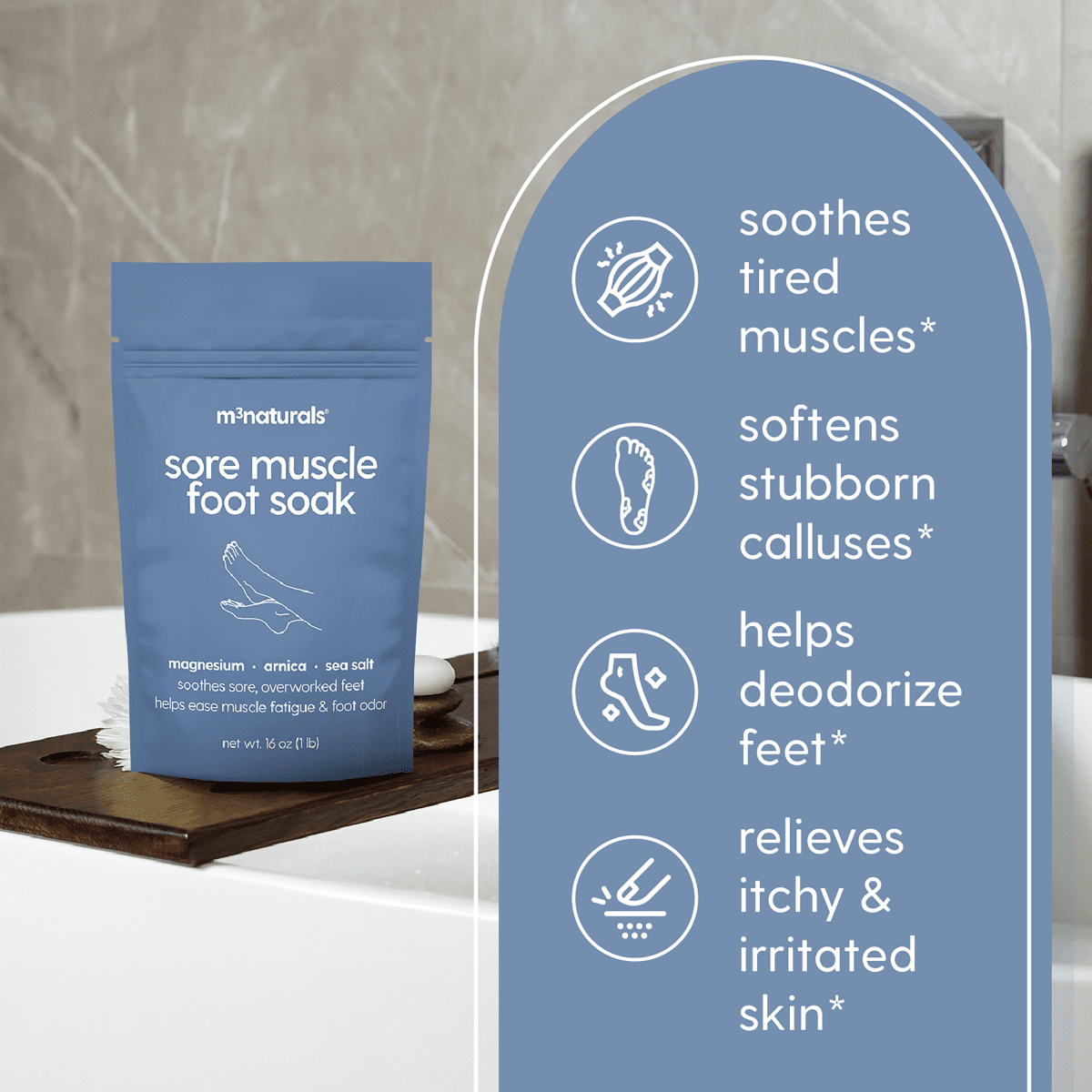 Blue package of 'sore muscle foot soak' with text describing benefits for tired muscles, irritated skin, calluses, and deodorizing feet. 