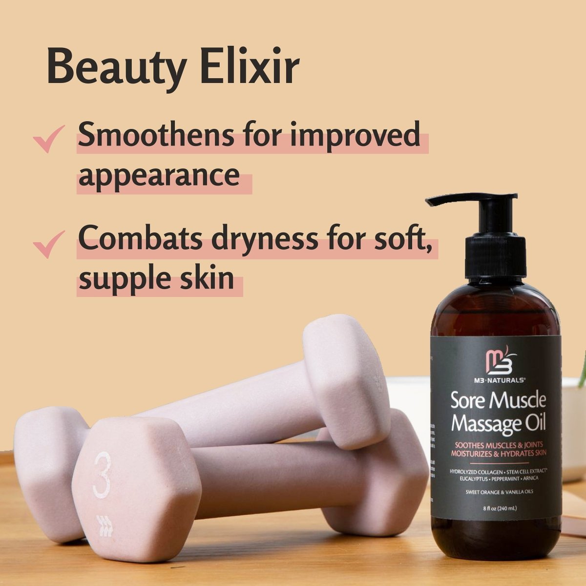 Bottle of Sore Muscle Massage Oil next to a pair of hand weights with text about skin smoothing and combatting dryness.