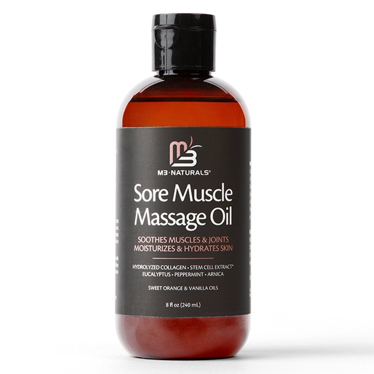 Dark tinted bottle of M3  Sore Muscle Massage Oil on a white background