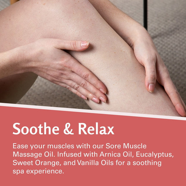 Person massaging their leg with text about the sore muscle massage oil being infused with Arnica Oil, Eucalyptus, Sweet Orange, and Vanilla Oils.