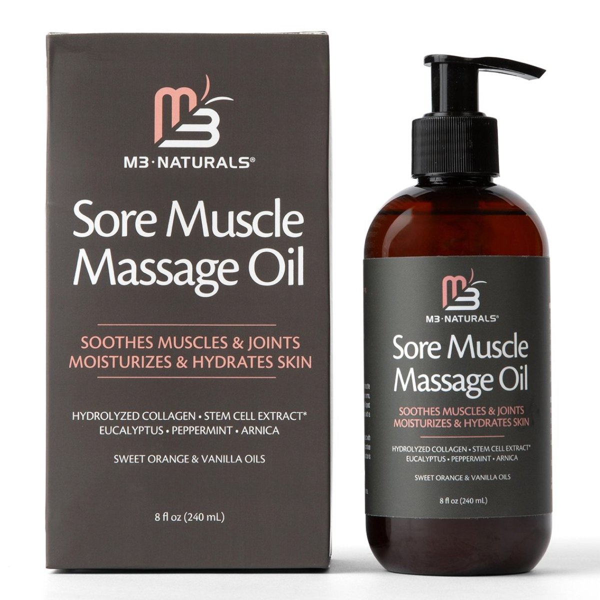 M3 Sore Muscle Massage Oil pump bottle and packaging on a white background