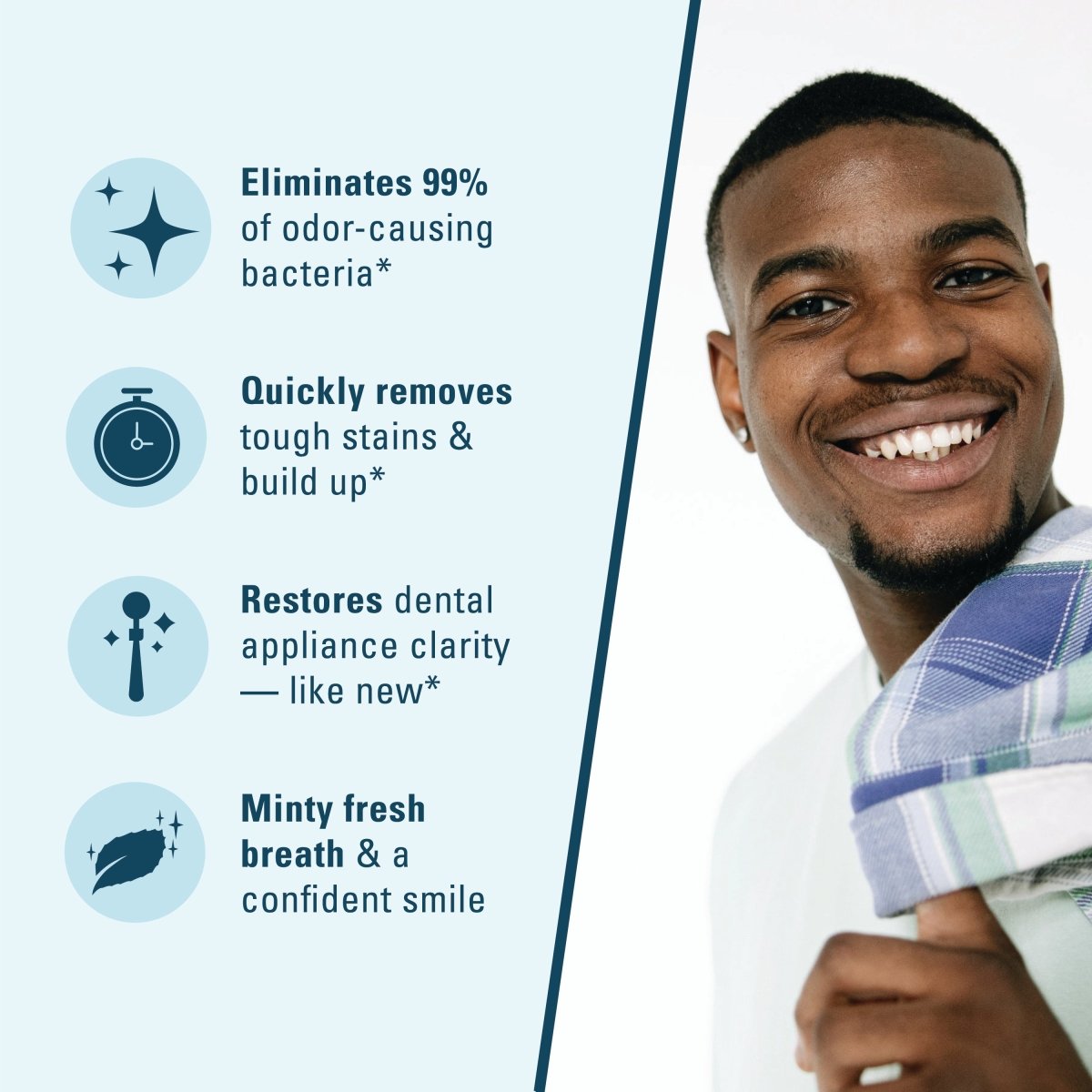 Man with a bright smile with text detailing the stain cleaning benefits of the cleaning tablets. 