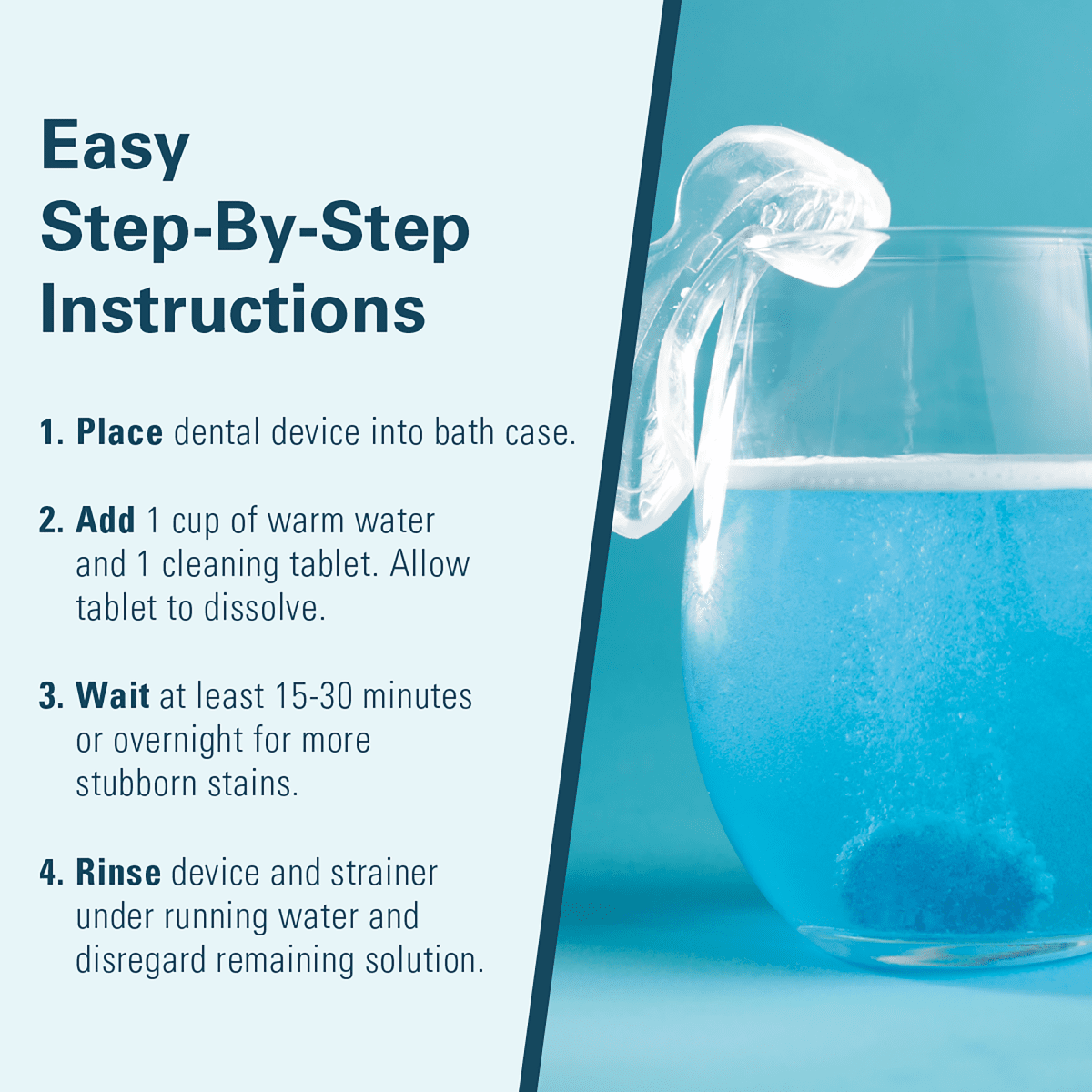 Dental device with water and effervescent tablet, step-by-step instructions on using the cleaning kit. 