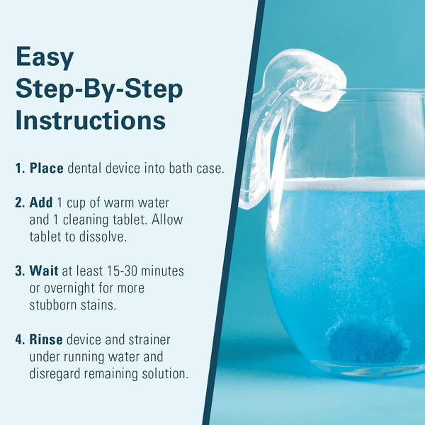 Dental device with water and effervescent tablet, step-by-step instructions on using the cleaning kit. 