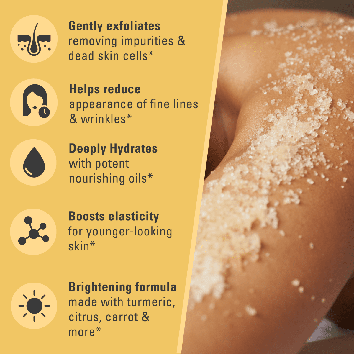 Scrub shown on skin with icons listing the hydrating, exfoliating, and brightening benefits. 