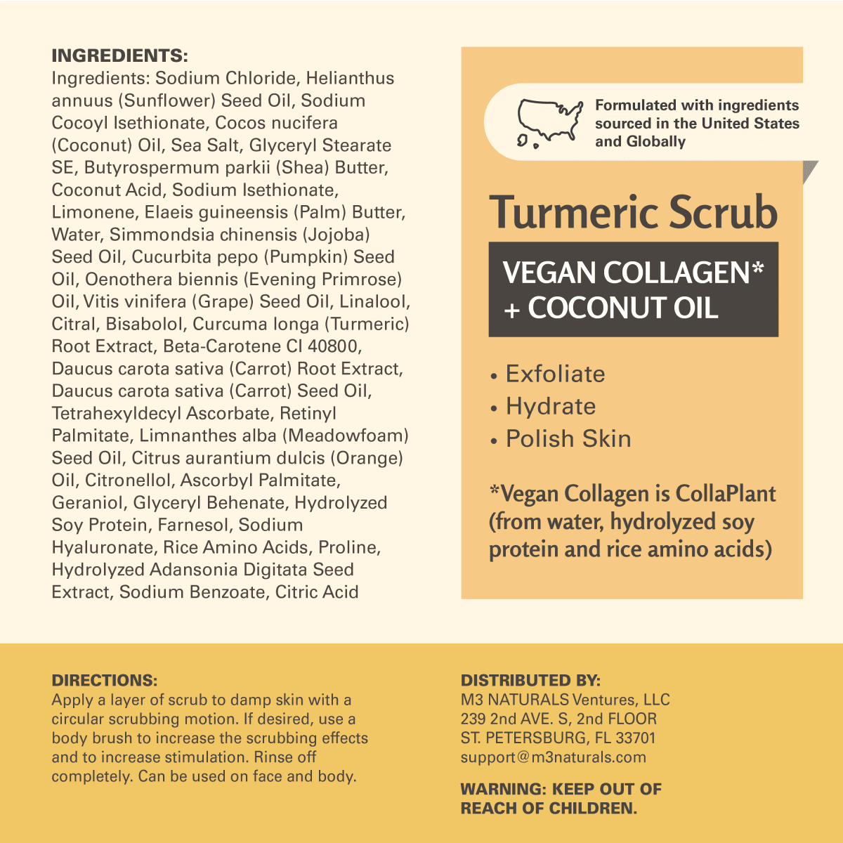 Turmeric scrub label with ingredients list and product details on a yellow background.