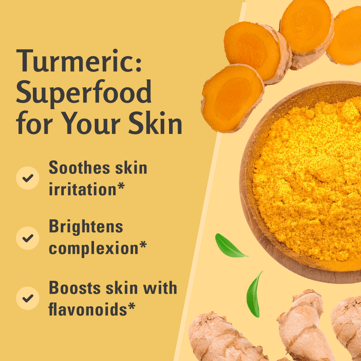 Turmeric powder in a bowl with turmeric roots on a yellow background, highlighting its benefits for skin.