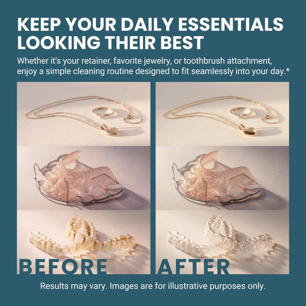 Promotional graphic for M3 Ultrasonic Cleaner showing before-and-after comparison panels of jewelry and retainers. The text reads 'KEEP YOUR DAILY ESSENTIALS LOOKING THEIR BEST' on a dark teal background.