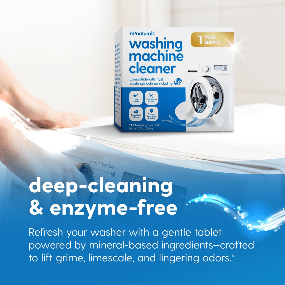 Box of M3 washing machine cleaner with text about deep cleaning, mineral-based ingredients, and enzyme-free solution.