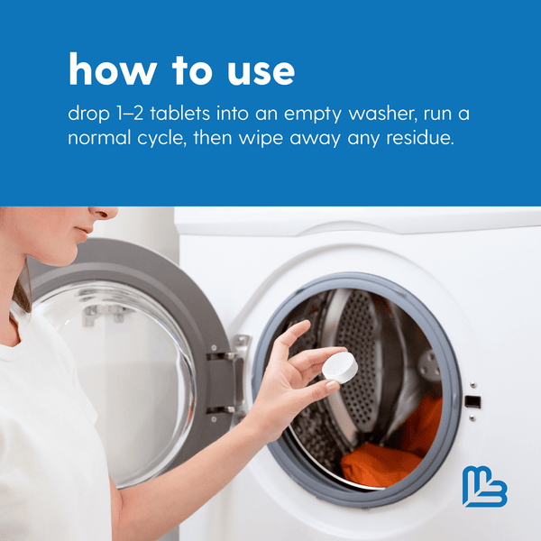 Person using a washing machine with text instructions on how to use washer cleaning detergent tablets.