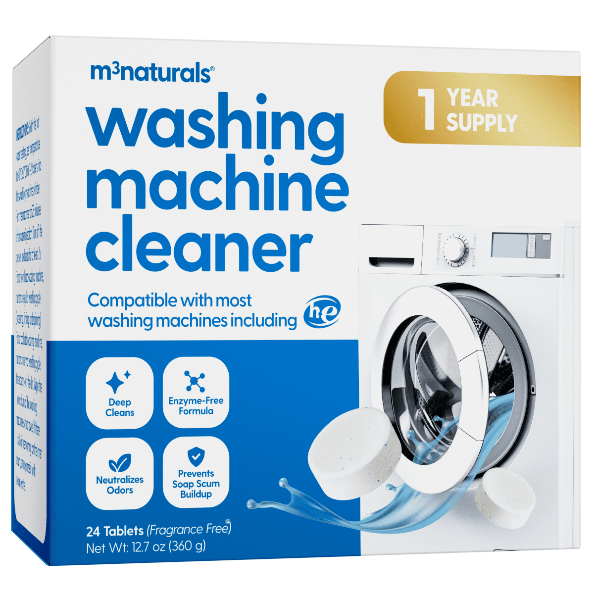 Box of m3 washing machine cleaner tablets on a white background