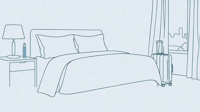 Hotel room with suitcase and bottle on nightstand