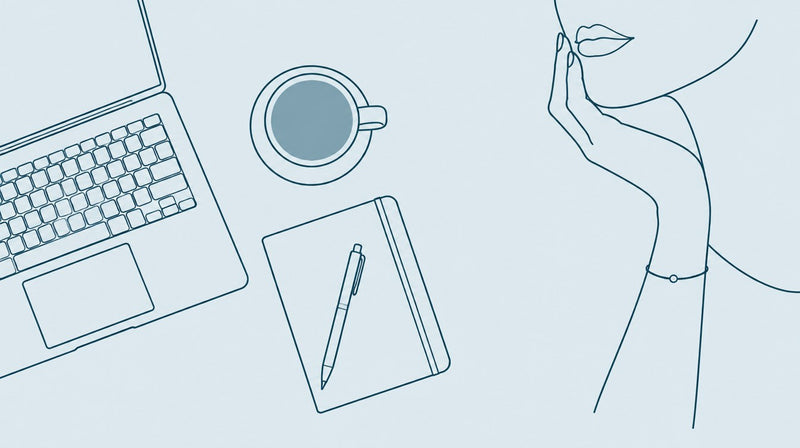 Desk with laptop and coffee, hand touching chin