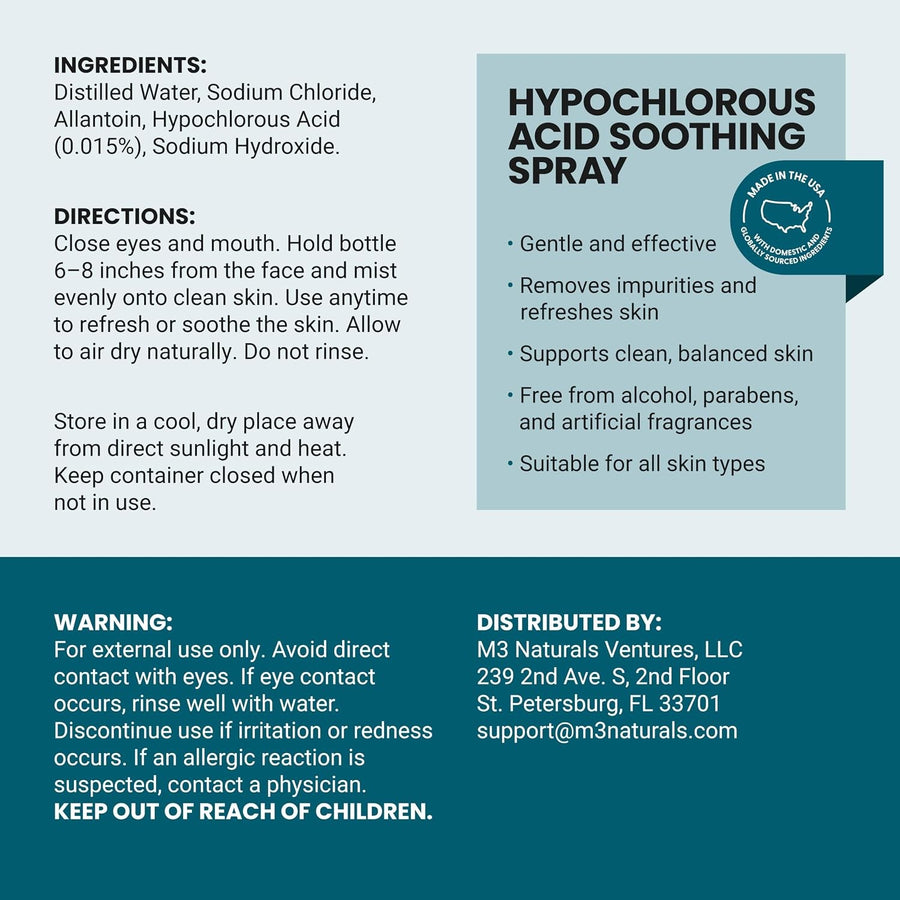 Hypochlorous Acid Soothing Spray label: ingredients, directions, warnings