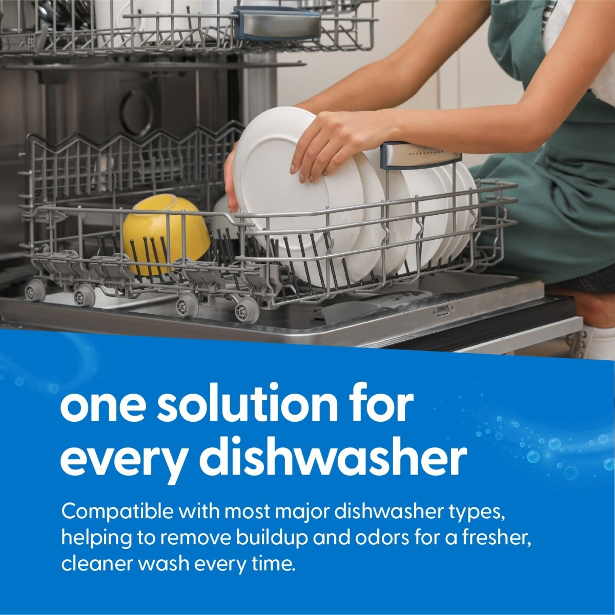Person loading dishes into a dishwasher with text about the dishwasher cleaner tablets compatibility and benefits.