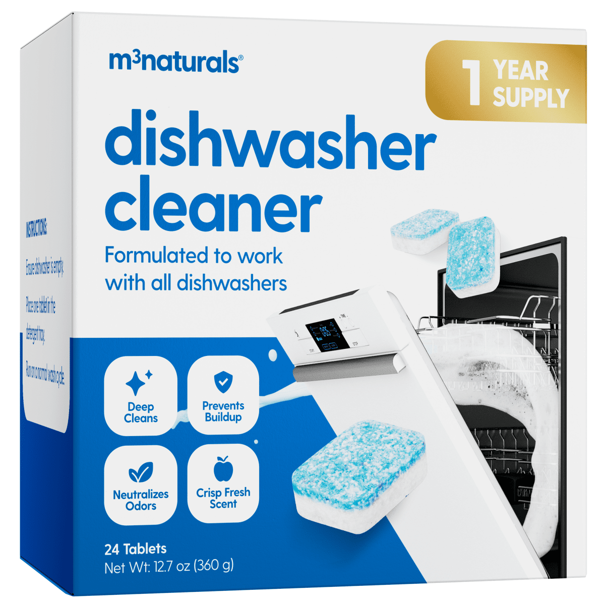 Box of m3 brand dishwasher cleaner with images of a dishwasher and cleaning tablets on a white background