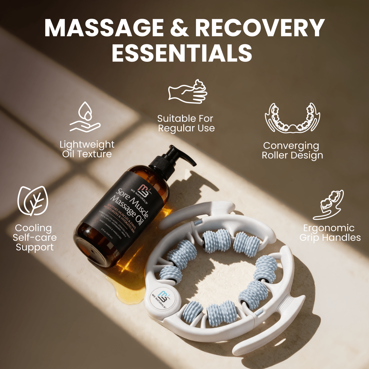 Sore Muscle Massage Oil & Anti Cellulite Massage Roller Bundle